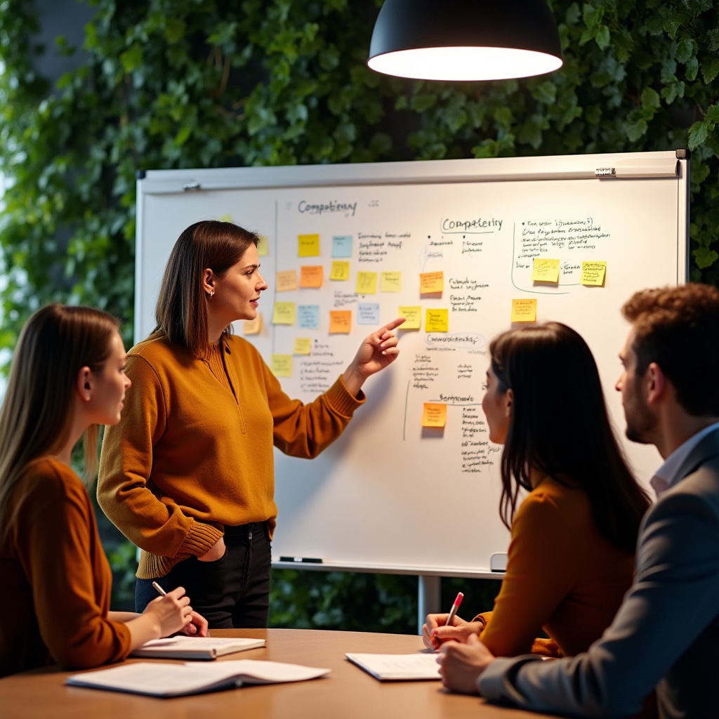 Small group of professionals engaged in competency mapping exercise with visual frameworks on a table