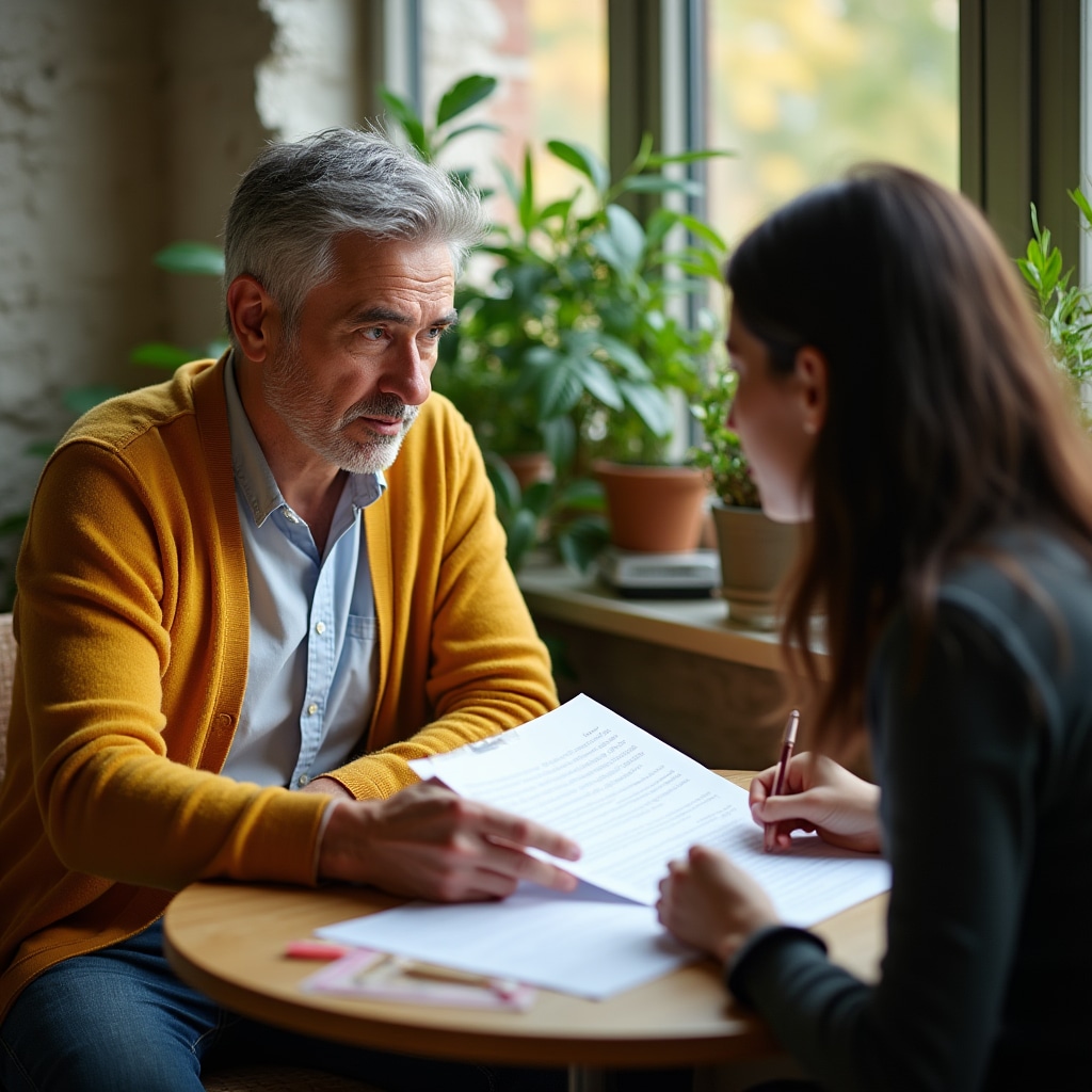 Professional working on their career narrative with a facilitator in a warm, well-lit workshop setting