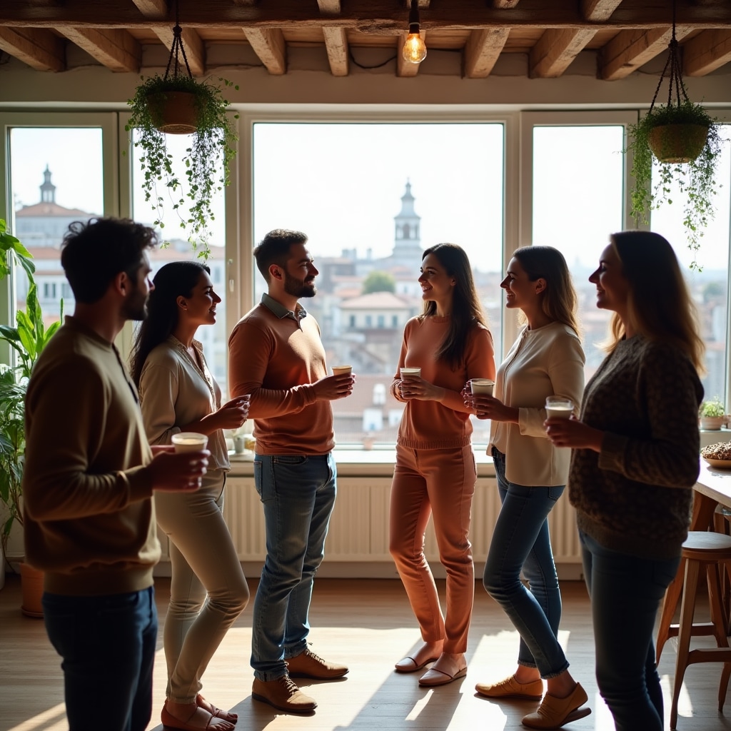 Mid-career professionals networking at a structured event in a contemporary Lisbon professional setting